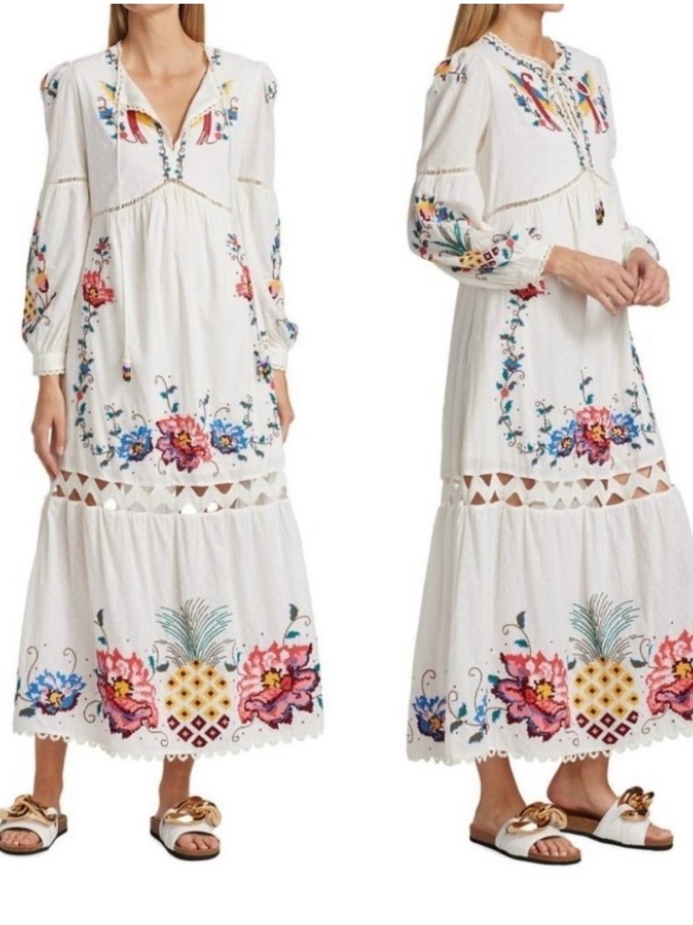 FARM Rio White Macaw Maxi Dress with Multicolor Floral & Pineapple Embroidery - Picture 3 of 16